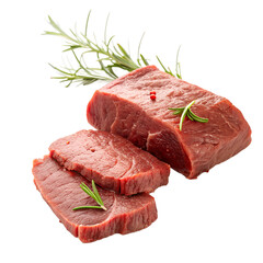 A piece of meat with rosemary on it. The meat is cut into slices. The slices are on a white background