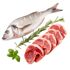 A fish and some meat are displayed on a white background. The fish is a large one and the meat is cut into small pieces. Concept of abundance and variety, as it showcases different types of food