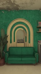 Retro green living room with vintage gold arch decor and sofa