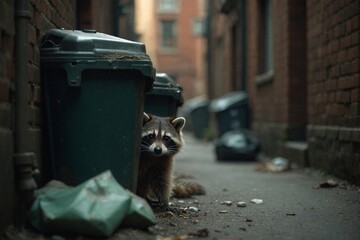 Raccoon Scavenging in an Urban Alley: Masked Mammal Peeking from Behind Overflowing Trash Bins in a Gritty City Environment