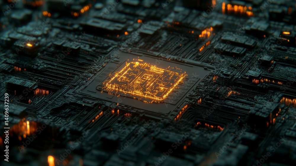 Poster close up view of a glowing circuit board with intricate details, showcasing a central processor unit
