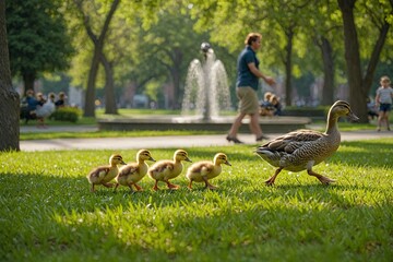 Fototapeta premium Mother Duck Leading Her Adorable Ducklings: A Heartwarming Scene of a Family of Mallards Crossing a Lush Green Lawn in a Park