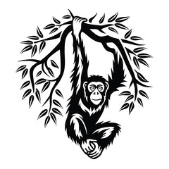 Monkey Silhouette Hanging from Tree Branch, Tropical Forest, Black and White Design © Shipon