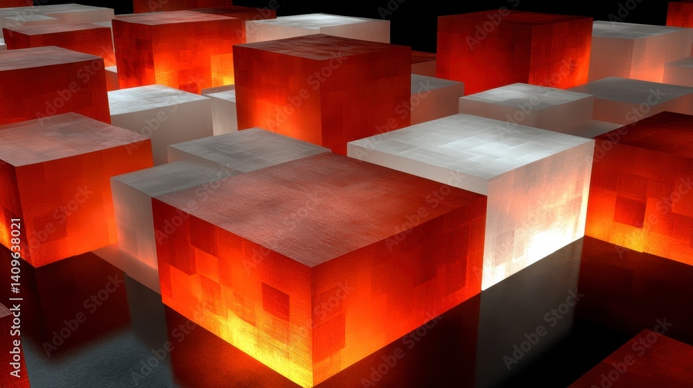 Poster abstract background with glowing red and white cubes reflecting on a dark surface. intricate details