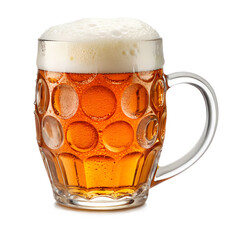 A glass of beer with foam on top. The foam is white and the beer is brown. The glass is half full