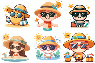 a set of character images wearing beach hats and sunglasses, under the sun