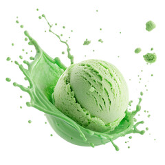 A green ice cream cone is floating in a green splash of milk. The ice cream is surrounded by a splash of milk, creating a sense of motion and playfulness