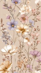Fototapeta premium Beautiful seamless floral water color pattern Set, watercolor wild flowers, leaves and grass,Collection botanic garden elements, isolated illustration in rustic or vintage style,copy space.