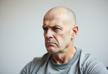 Obraz premium Bald man with scowling face and blurred background