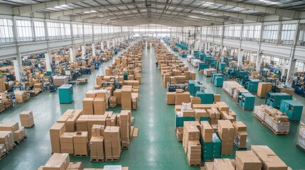 High angle view of a large warehouse or factory floor filled with numerous cardboard boxes and machinery.