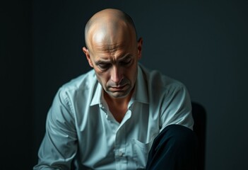 Obraz premium Bald man with a gloomy expression in a dimly lit room