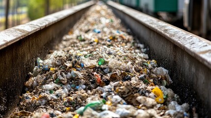 Naklejka premium A close up view of a conveyor belt carrying a large quantity of mixed waste materials.