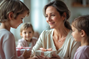 Obraz premium Mother smiling joyfully while receiving gifts from children, Mother's Day 