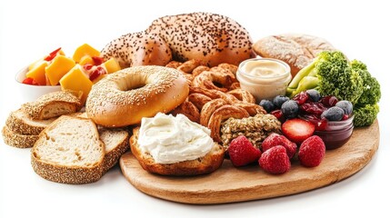 A simple brunch arrangement: bagel and cream cheese, isolated white.