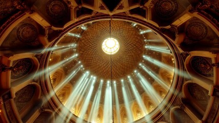 Sunbeams stream through the oculus of an ornate dome ceiling in a grand building. Suitable for architectural, historical, or spiritual themes. Symbolizes awe, enlightenment, grandeur. 4k 60 fps. - Powered by Adobe
