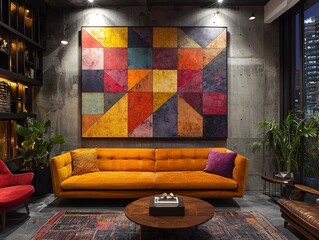 Living room interior with orange sofa colorful artwork and plants in a modern setting.