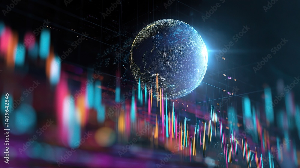Poster financial hologram globe displaying chart data on a dark background