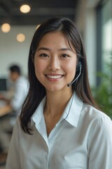 Smiling Young Japanese Customer Service Representative with a Headset Offering Friendly and Helpful Assistance in a Modern Call Center