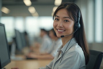 Smiling Young Japanese Customer Service Representative with a Headset Offering Friendly and Helpful Assistance in a Modern Call Center