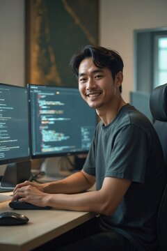 Happy Young Japanese Software Developer in His Thirties Smiling at His Desk with Multiple Computer Screens Displaying Code
