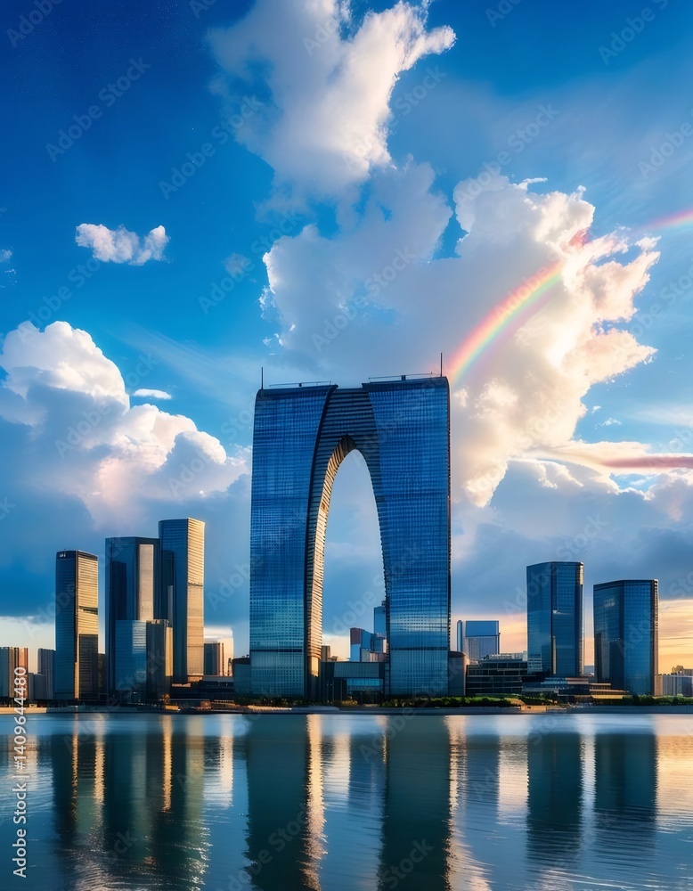 Poster 都市景観と虹 水面に映る高層ビルの光景 青い空と雲の下にあるモダンな建築デザイン