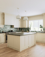 This is a stylish and modern kitchen, decorated with beautiful green accents and an open layout