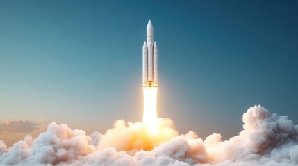 Space rocket launch.  Powerful thrust erupting into a vast cloud of smoke and steam.  Sunrise/sunset sky background