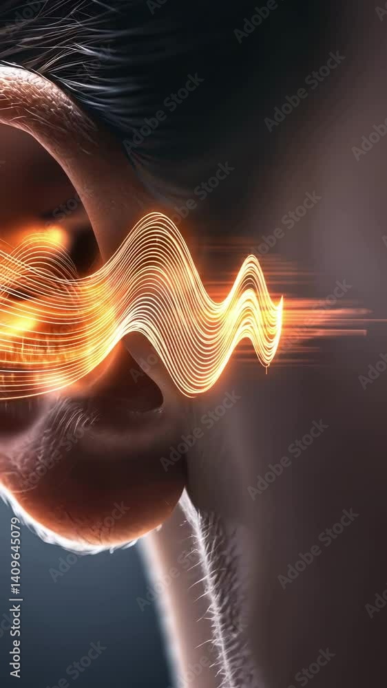 Poster luminous sound wave patterns flowing into human ear canal, revealing intricate auditory perception m