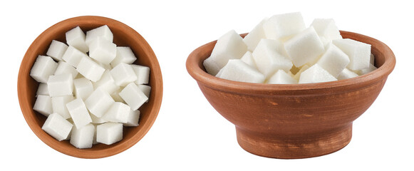 Sugar cubes in a ceramic bowl isolated on white background. Top view. Flat lay
