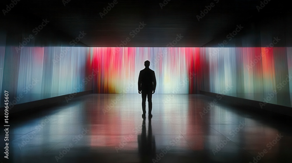Poster silhouette of a person standing in a large dark room with colorful projected images on the walls.