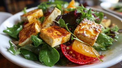 Fried tofu salad with citrus soy dressing and bright plate