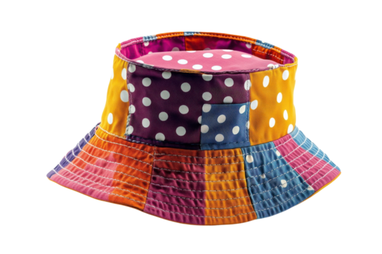 Colorful Patchwork Bucket Hat Vibrant Polka Dots Geometric Design on Black on transparent background