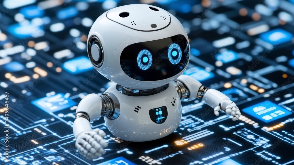 Poster a small, white robot with blue eyes sits on a circuit board. the robot appears friendly and technolo