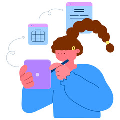 Businesswoman organizing schedule and managing tasks with tablet flat vector illustration