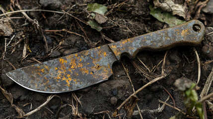 Rusty survival knife lying on soil in wilderness setting
