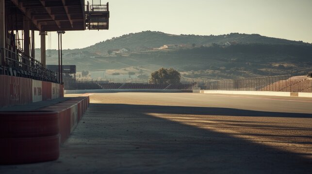 tranquil morning at the racetrack empty stands and soft sunlight cast long shadows on the asphalt surface with scenic hillside backdrop