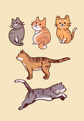 Set of cute cats cartoon hand drawn vector illustration. Pet animals collection isolated on background.