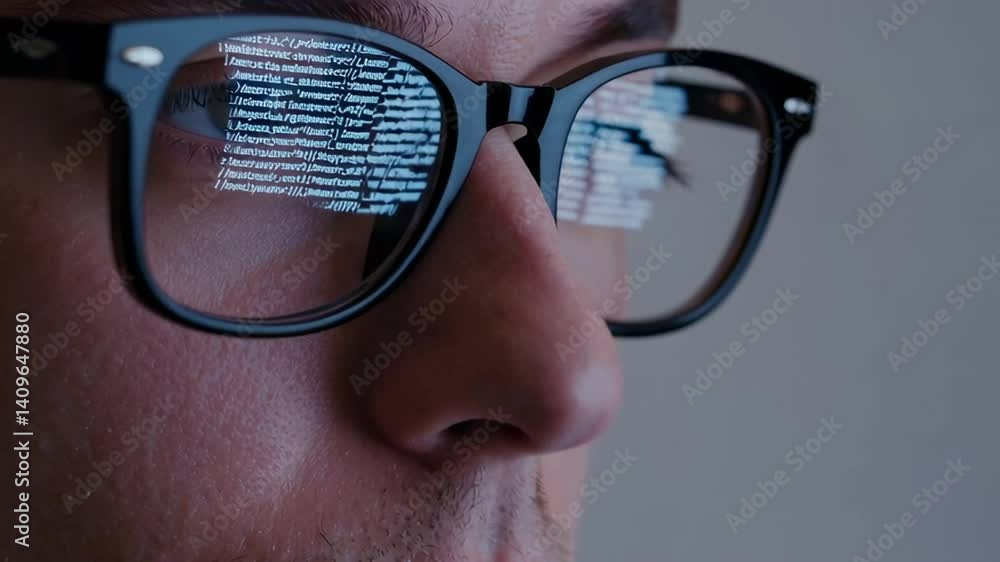 Aufkleber Programmer wearing glasses reflecting lines of code while deeply focused on developing complex software project in modern office environment
