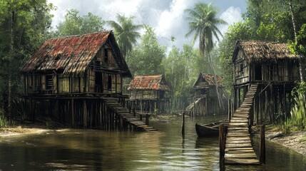 Fototapeta premium Tropical village scene with stilt houses on a waterway, lush vegetation, and overcast sky.