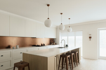 This modern minimalist kitchen features beautiful copper accents alongside stylish lighting
