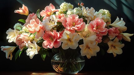 Romantic still life with dramatic peonies, lilies, and hydrangeas, deep shadows, chiaroscuro effect  