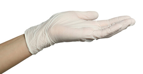 Doctor in medical glove holding something on white background, closeup