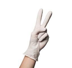 Doctor in medical glove showing two fingers on white background, closeup