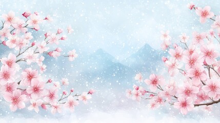 Cherry Blossom and Mountain Range: A serene watercolor painting depicting a delicate cherry blossom branch blooming against a backdrop of a majestic mountain range.