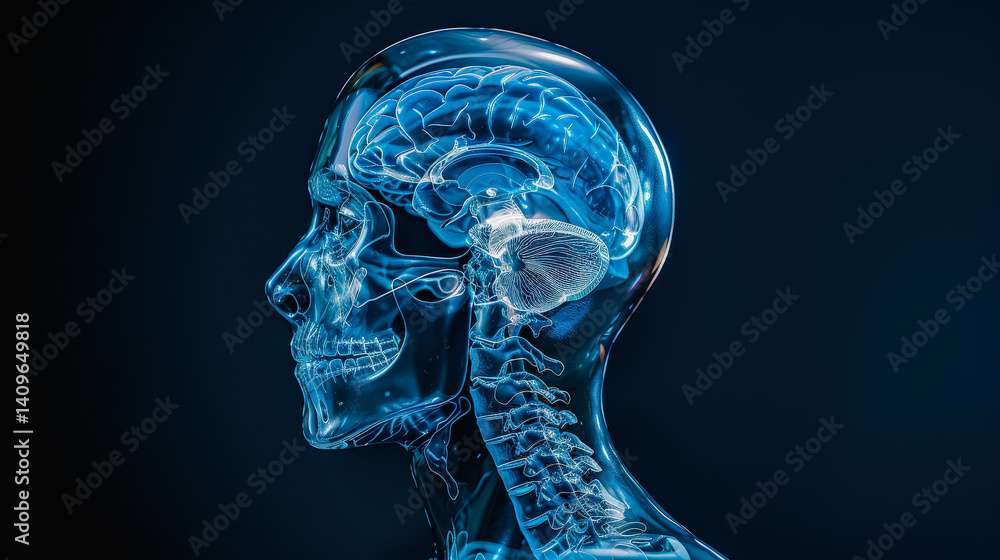 Poster close up of a brain with a skull on the left side. the skull is made of clear plastic and the brain 