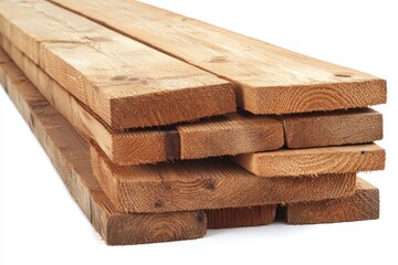 Wooden planks stacked on a white background, creating an interesting texture and pattern, ideal for construction and diy projects