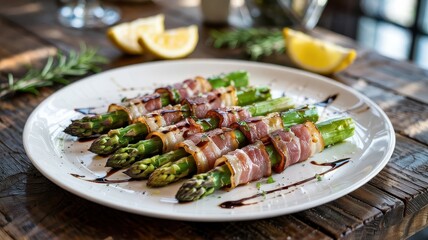 Bacon wrapped asparagus spears arranged in fan pattern on white porcelain plate with balsamic reduction drizzle, charred grill marks, natural lighting on wooden table
