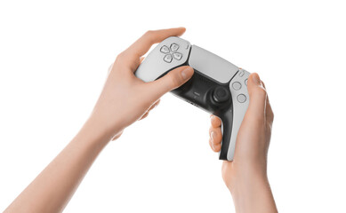 Woman with wireless game controller on white background, closeup