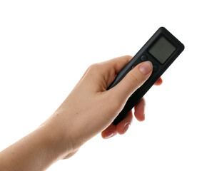 Woman with air conditioner remote control on white background, closeup