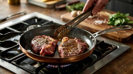 How to cook skirt steak with professional culinary instructor flipping beef in cast iron pan with dramatic flames, herbs and garlic in modern kitchen setup